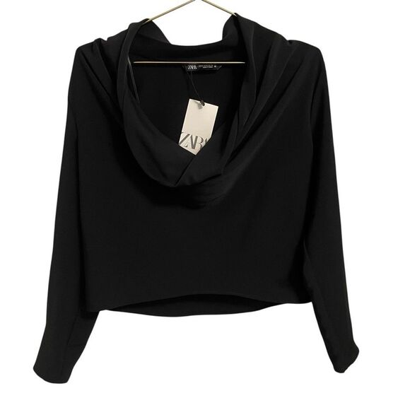 Zara Black Cowl Neck Draped Blouse Long Sleeve MED NWT - Picture 1 of 5